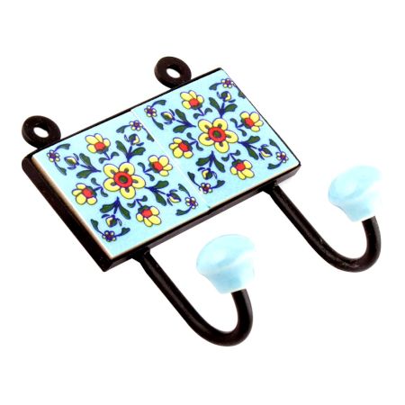 Turquoise Tiny Flower Ceramic Tiles Hooks